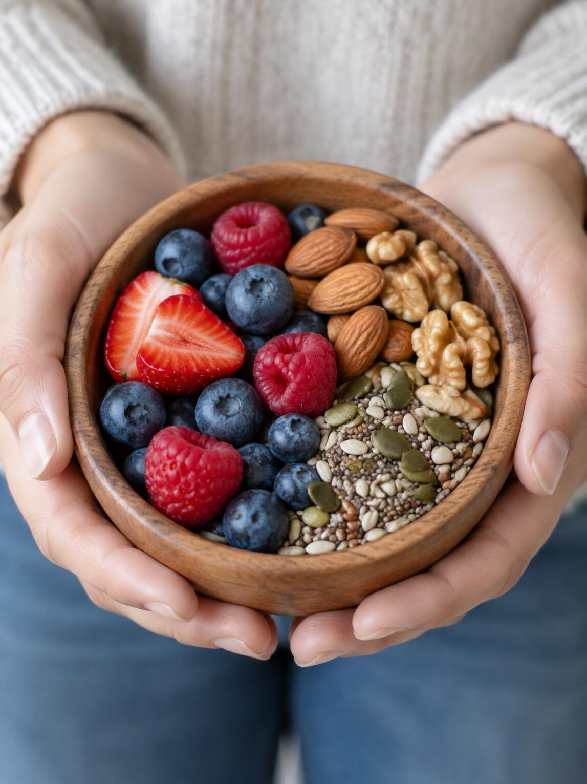 Hands holding a bowl of fresh berries and nuts