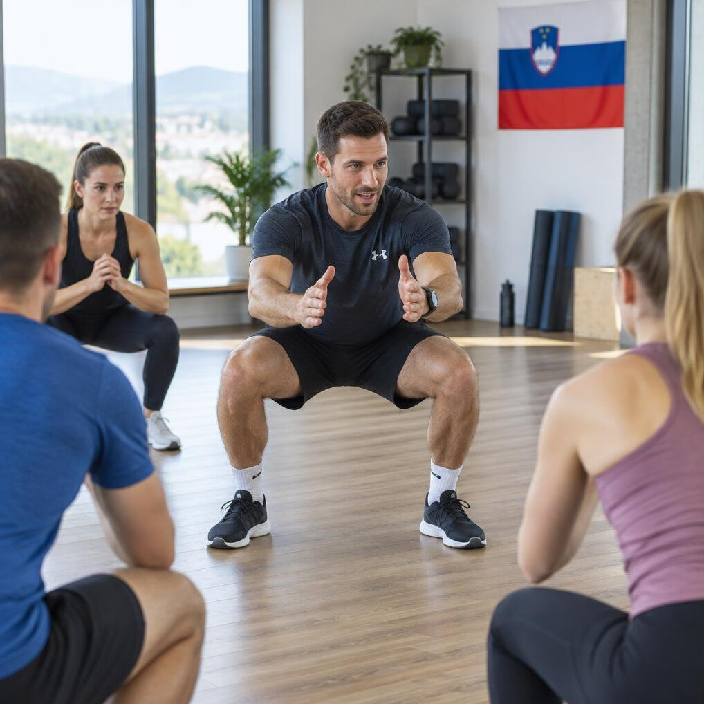 Fitness trainer demonstrating an exercise to a small group indoors