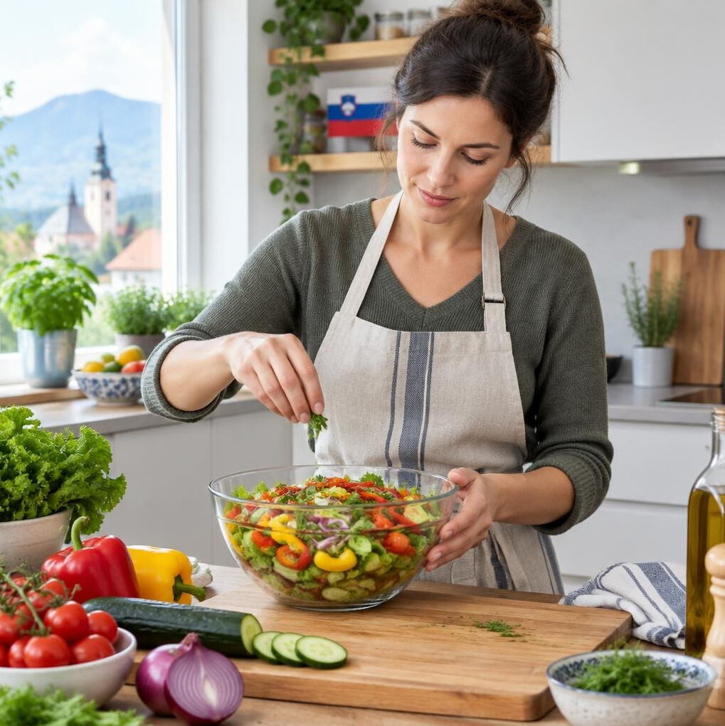 Woman preparing a fresh healthy salad with vegetables in a bright kitchen