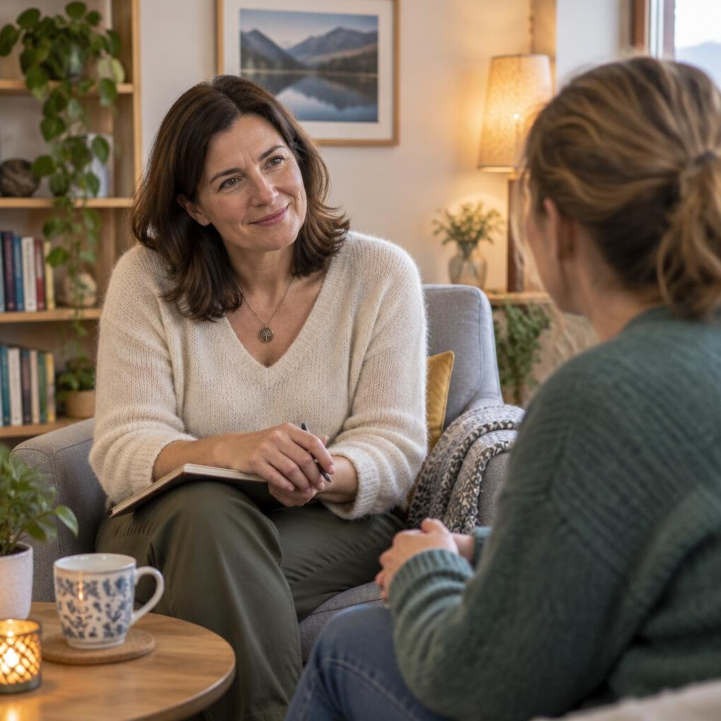 Mental wellbeing coach talking supportively with a client in a cozy room