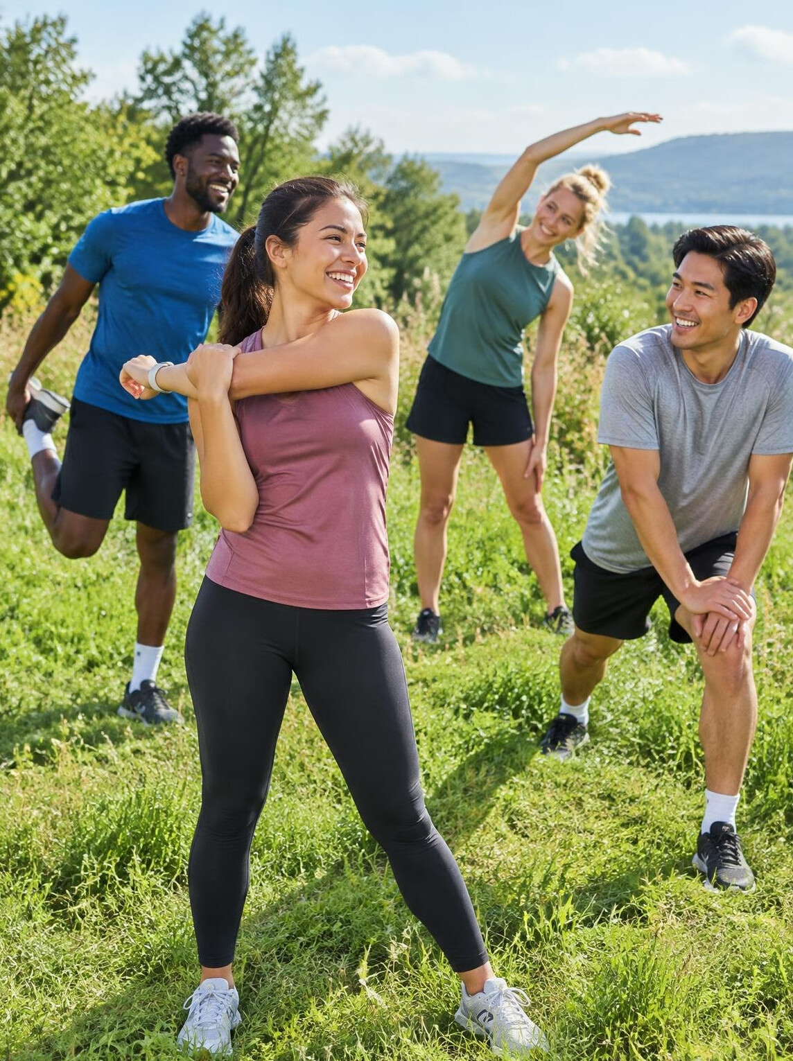 Group stretching exercise outdoors in a sunny meadow