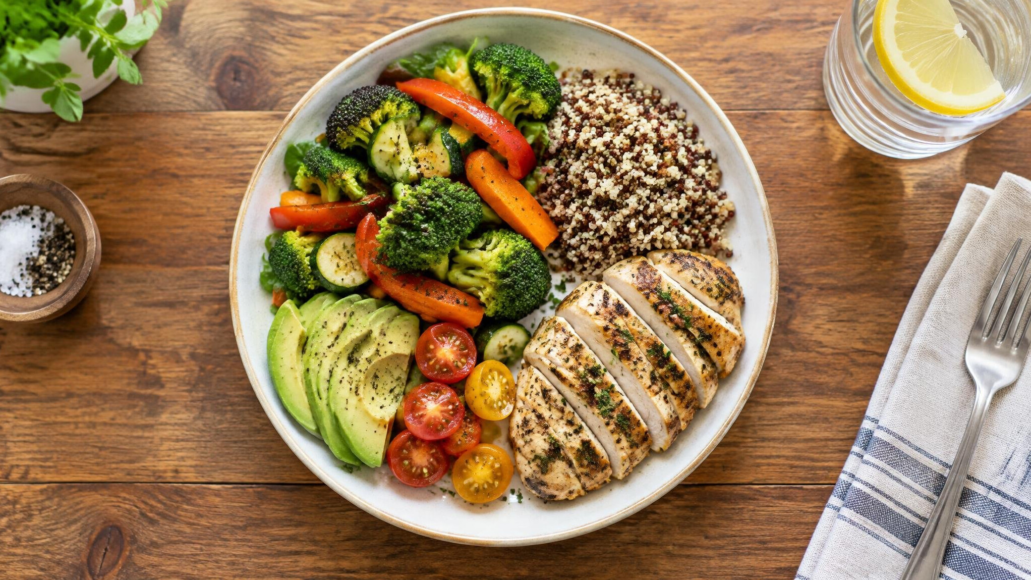 Overhead view of a balanced healthy meal with vegetables, grains and protein