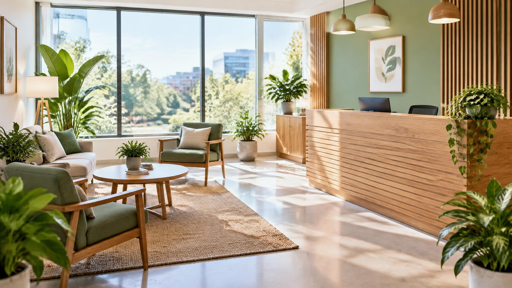 Bright welcoming reception desk with plants and natural light