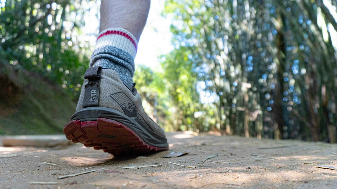 Pair of running shoes on a forest trail path